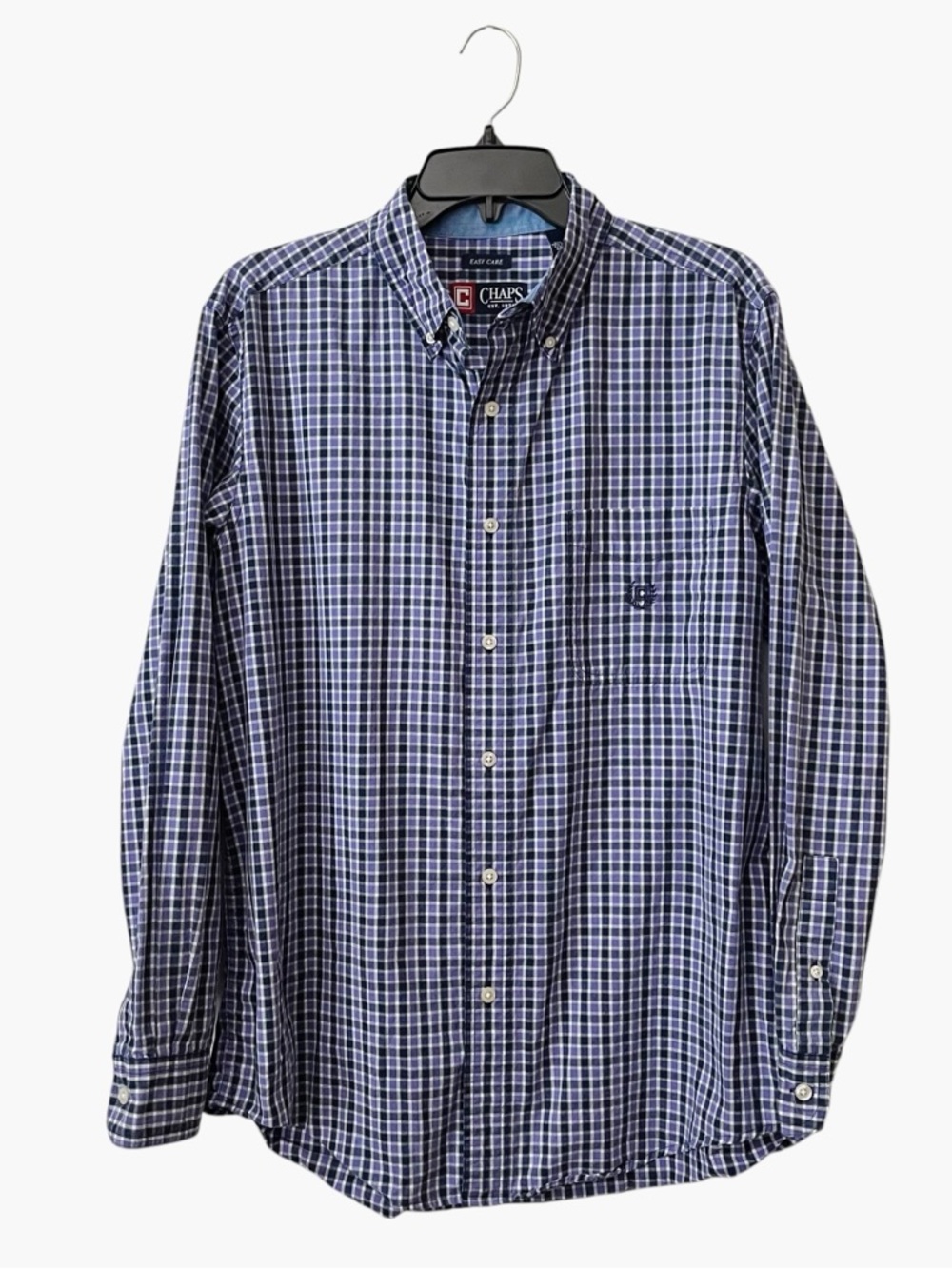 Chaps Easy Care Shirt Men's Sz M Purple Plaid Cotton Blend Logo Pocket Long Slv